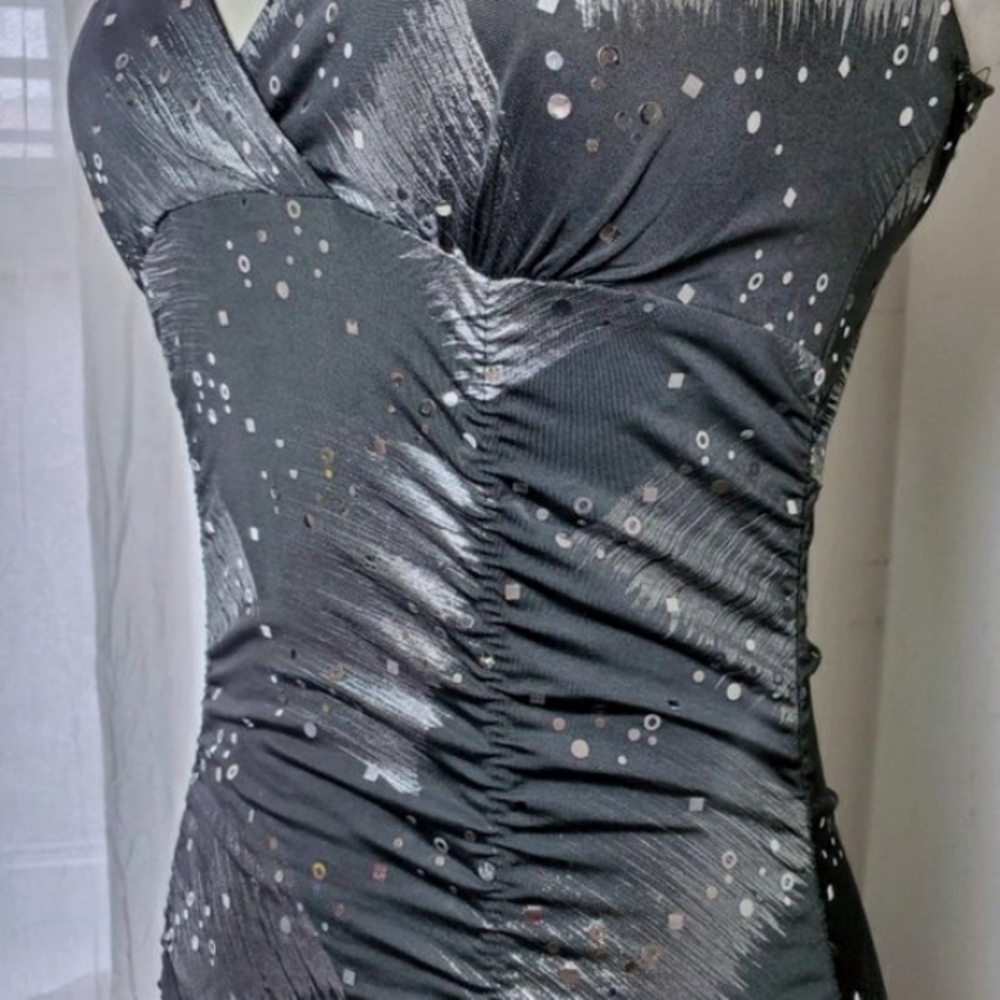 Dress Taboo Women Low Neckline Crossed Cutout Back Silver Sparkle Black Dresses - Picture 3 of 11